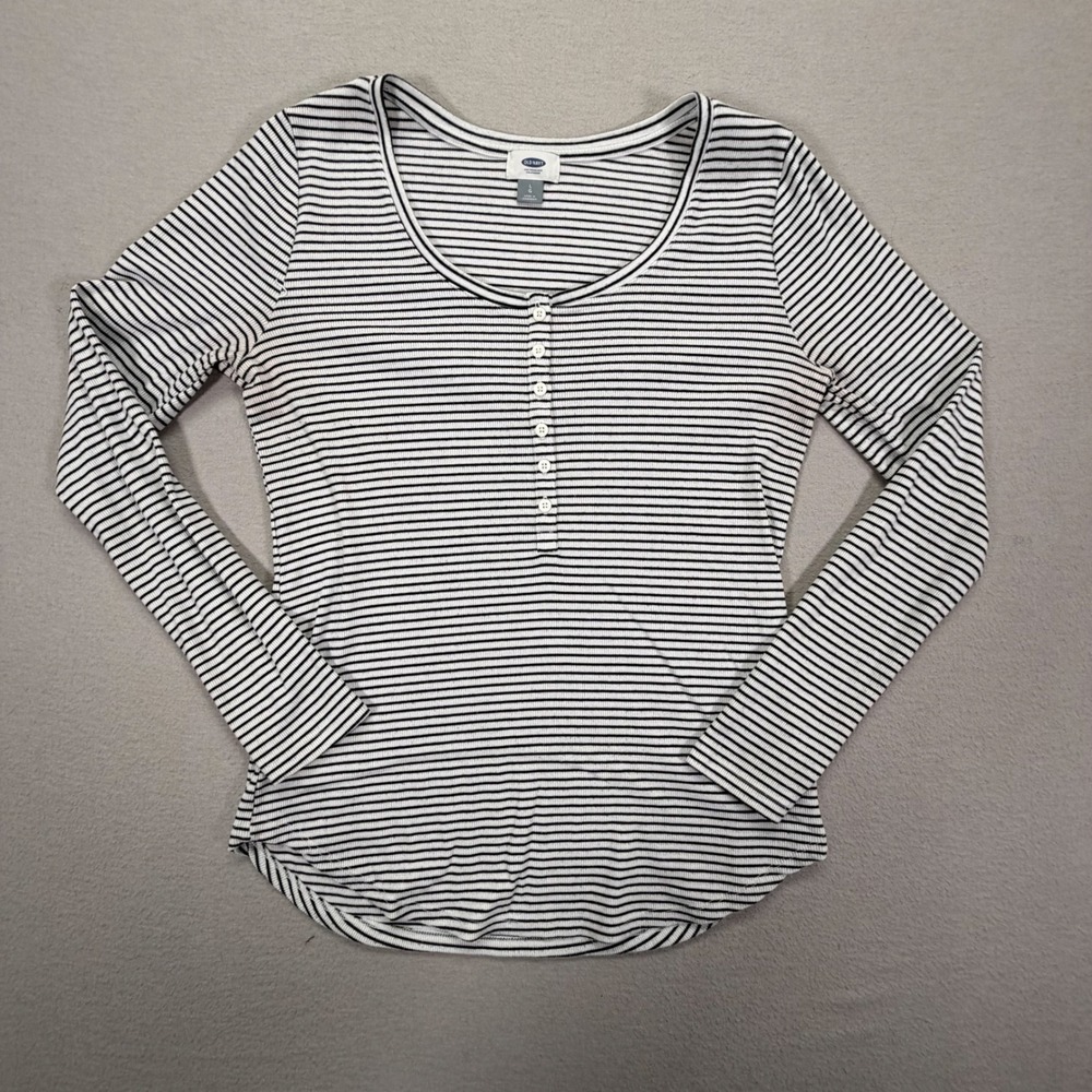 Old Navy Henley Top Women Large Good White Black Striped Ribbed Long Sleeve